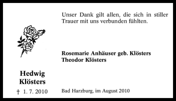 Traueranzeige von Hedwig Klösters von Tageszeitung