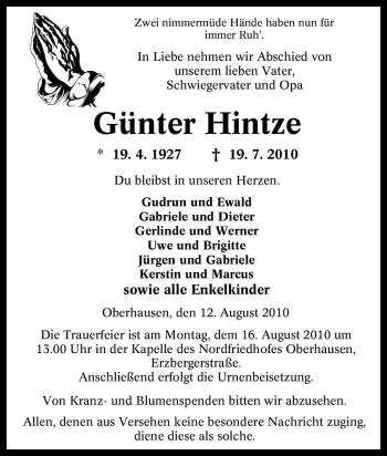 Traueranzeige von Günter Hintze von Tageszeitung