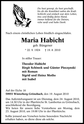 Traueranzeige von Maria Habicht von Tageszeitung