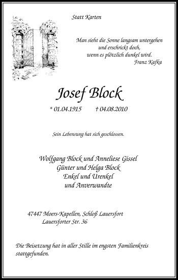 Traueranzeige von Josef Block von Tageszeitung