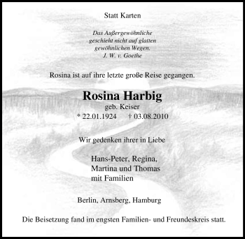 Traueranzeige von Rosina Harbig von Tageszeitung