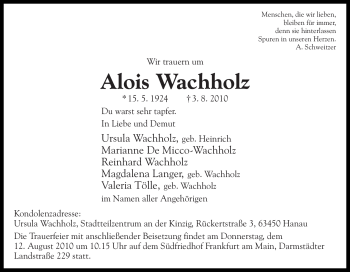 Traueranzeige von Alois Wachholz von Tageszeitung