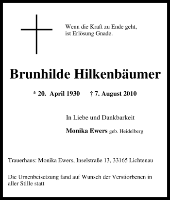 Traueranzeige von Brunhilde Hilkenbäumer von Tageszeitung