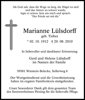Traueranzeige von Marianne Lülsdorff von Tageszeitung