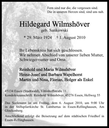 Traueranzeige von Hildegard Wilmshöver von Tageszeitung