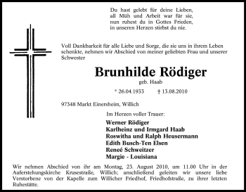 Traueranzeige von Brunhilde Rödiger von Tageszeitung