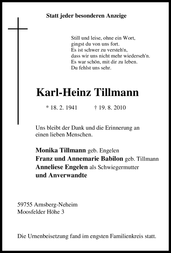 Traueranzeige für Karl-Heinz Tillmann vom 28.08.2010 aus Tageszeitung