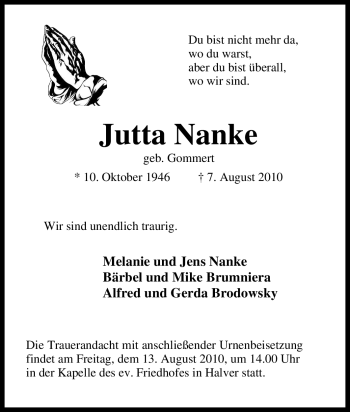 Traueranzeige von Jutta Nanke von Tageszeitung