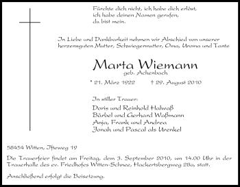 Traueranzeige von Marta Wiemann von Tageszeitung