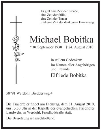 Traueranzeige von Michael Bobitka von Tageszeitung