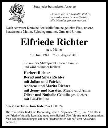 Traueranzeige von Elfriede Richter von Tageszeitung