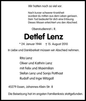 Traueranzeige von Detlef Lenz von Tageszeitung