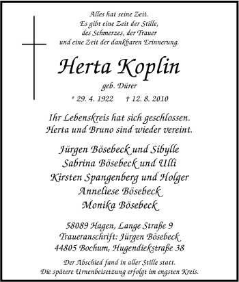 Traueranzeige von Herta Koplin von Tageszeitung