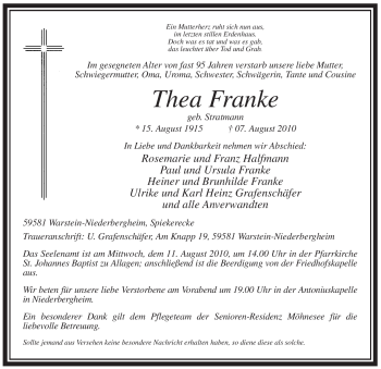 Traueranzeige von Thea Franke von Tageszeitung