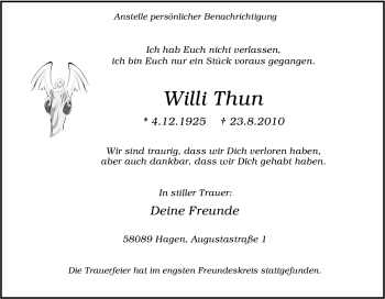 Traueranzeige von Willi Thun von Tageszeitung