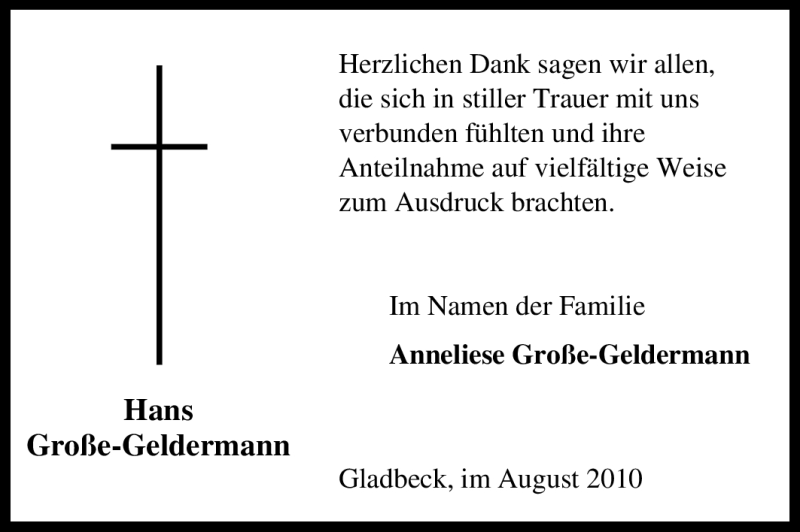  Traueranzeige für Hans Große - Geldermann vom 14.08.2010 aus Tageszeitung