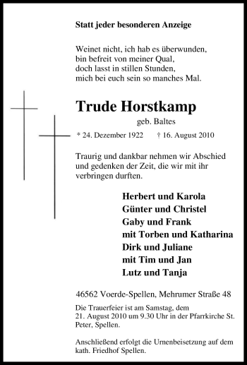 Traueranzeige von Trude Horstkamp von Tageszeitung