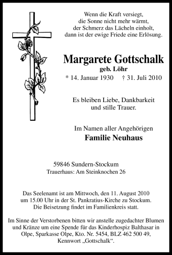 Traueranzeige von Margarete Gottschalk von Tageszeitung