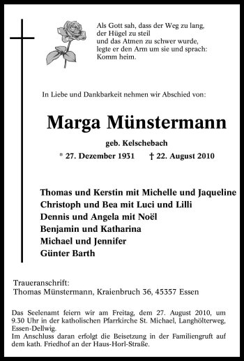 Traueranzeige von Marga Münstermann von Tageszeitung