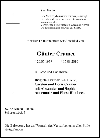 Traueranzeige von Günter Cramer von Tageszeitung