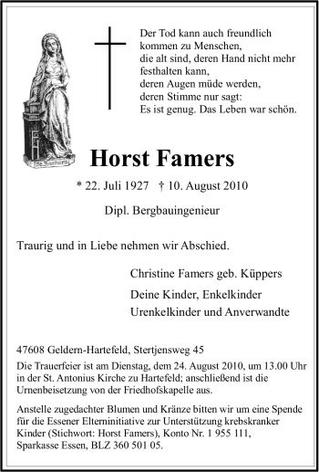Traueranzeige von Horst Famers von Tageszeitung