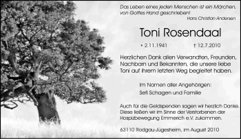 Traueranzeige von Toni Rosendaal von Tageszeitung