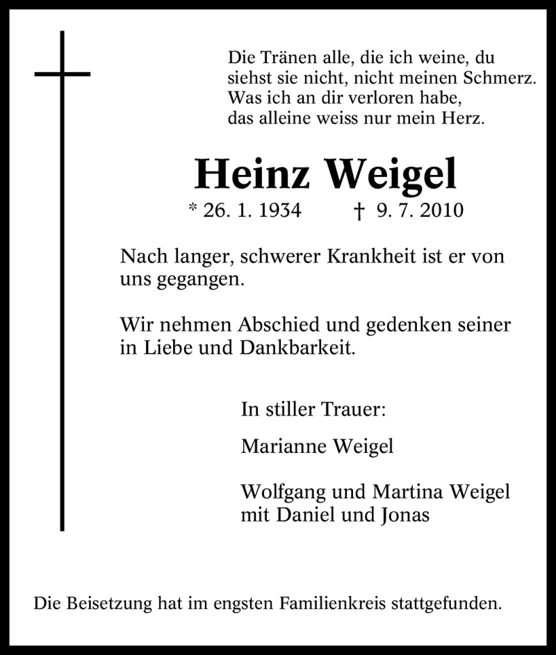 Traueranzeigen von Heinz Weigel | Trauer-in-NRW.de