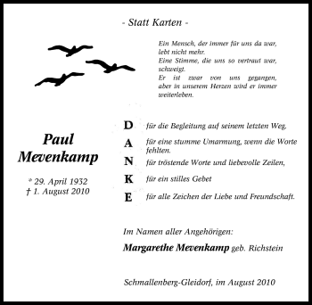 Traueranzeige von Paul Mevenkamp von Tageszeitung