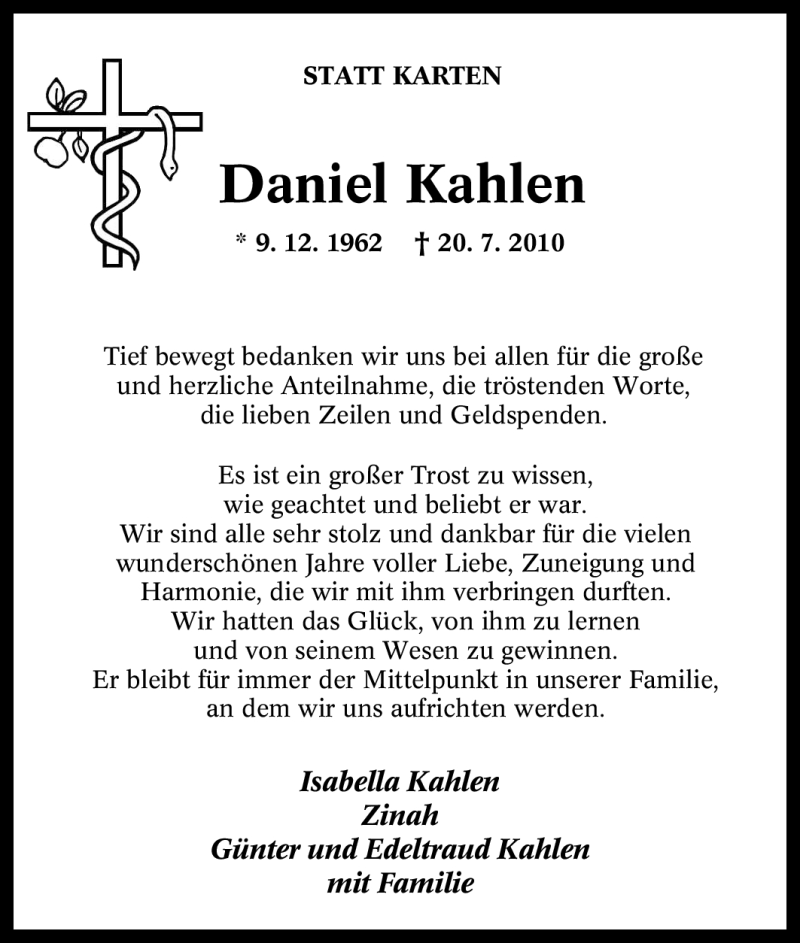  Traueranzeige für Daniel Kahlen vom 28.08.2010 aus Tageszeitung