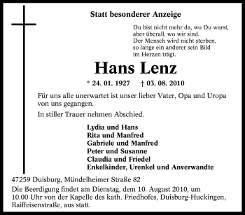 Traueranzeige von Hans Lenz von Tageszeitung