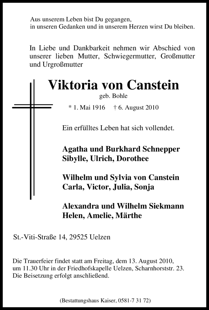 Traueranzeigen von Viktoria von Canstein TrauerinNRW.de