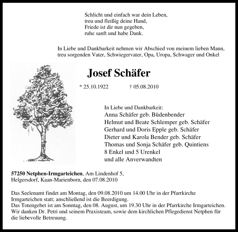  Traueranzeige für Josef Schäfer vom 07.08.2010 aus Tageszeitung