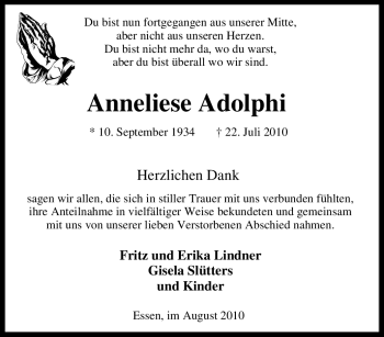 Traueranzeige von Anneliese Adolphi von Tageszeitung