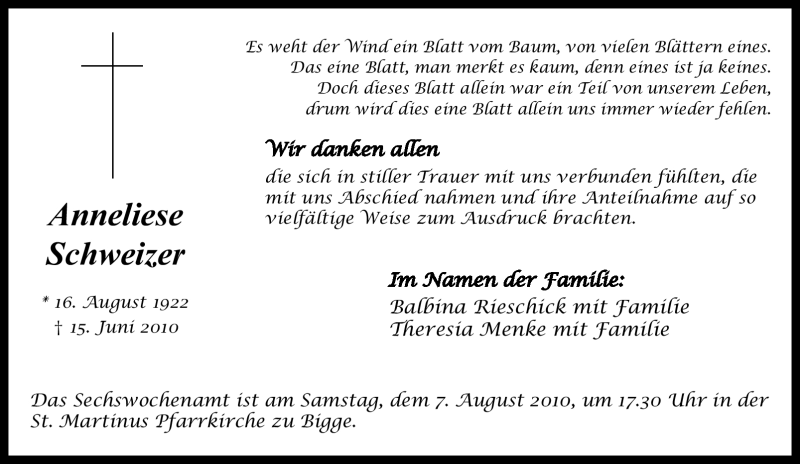  Traueranzeige für Anneliese Schweizer vom 31.08.2010 aus Tageszeitung
