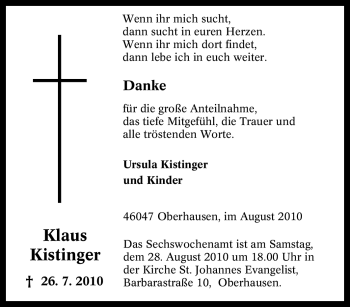 Traueranzeige von Klaus Kistinger von Tageszeitung