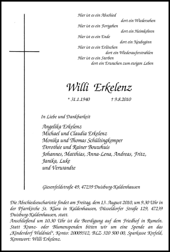 Traueranzeige von Willi Erkelenz von Tageszeitung