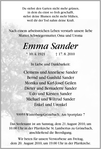 Traueranzeige von Emma Sander von Tageszeitung