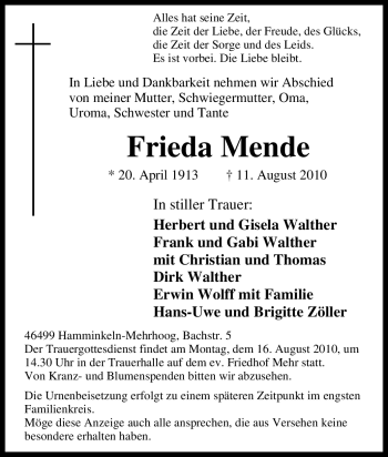 Traueranzeige von Frieda Mende von Tageszeitung
