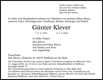 Traueranzeige von Günter Klever von Tageszeitung
