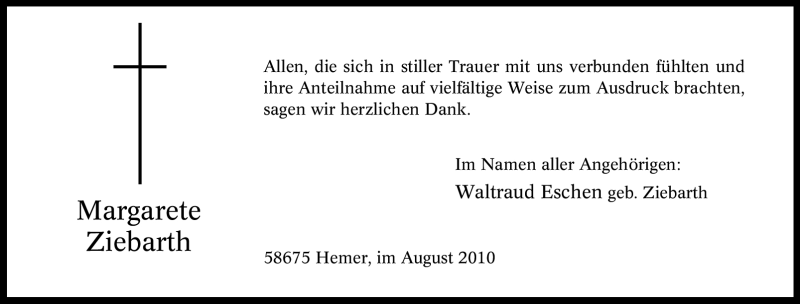  Traueranzeige für Margarete Ziebarth vom 13.08.2010 aus Tageszeitung
