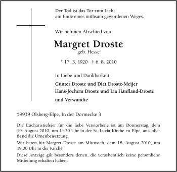 Traueranzeige von Margret Droste von Tageszeitung