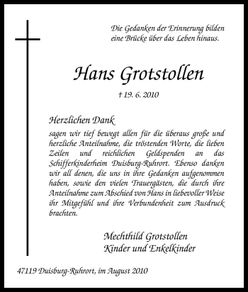 Traueranzeige von Hans Grotstollen von Tageszeitung