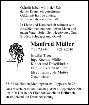 Traueranzeige von Manfred Müller von Tageszeitung