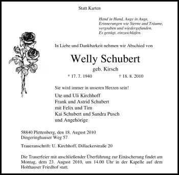 Traueranzeige von Welly Schubert von Tageszeitung