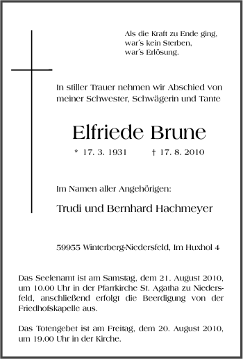 Traueranzeige von Elfriede Brune von Tageszeitung