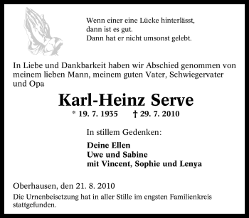 Traueranzeige von Karl-Heinz Serve von Tageszeitung