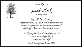 Traueranzeige von Josef Block von Tageszeitung