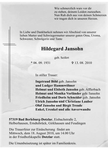 Traueranzeige von Hildegard Jansohn von Tageszeitung