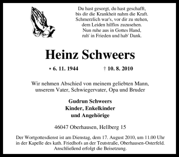 Traueranzeige von Heinz Schweers von Tageszeitung