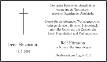 Traueranzeige von Irene Hitzmann von Tageszeitung